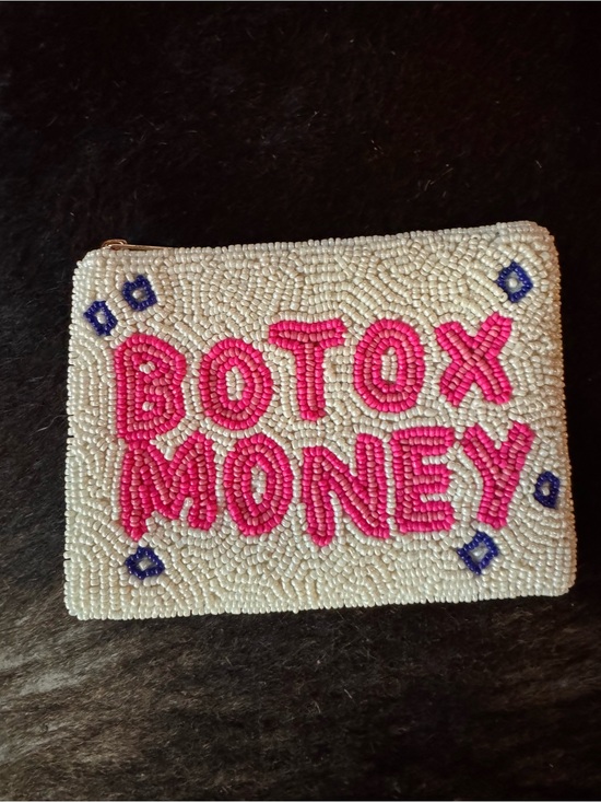 Handbags - Beaded 'BOTOX MONEY' Zip Pouch - Pink on White